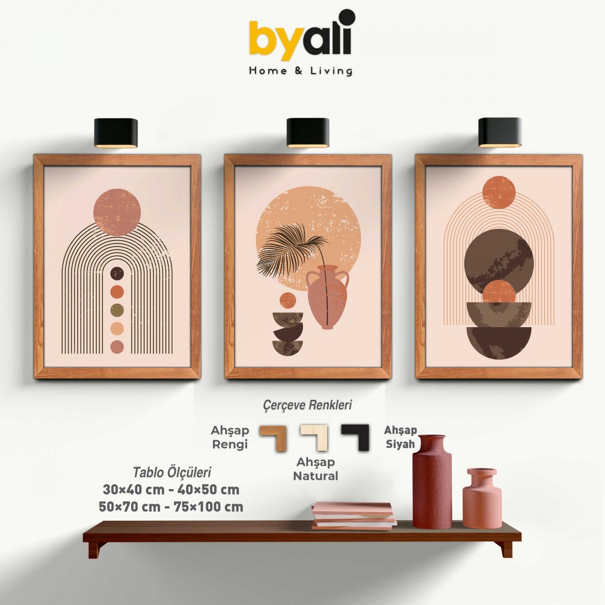 Bohemian Ahşap Çerçeveli 3’lü Tablo Seti - 3332---0