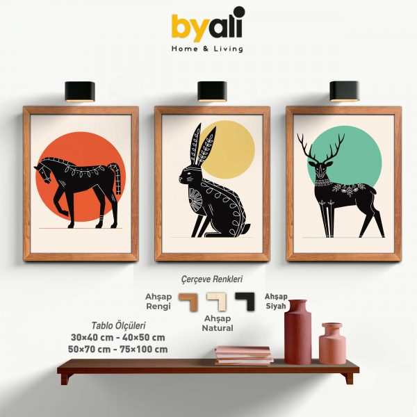 Animals Geometric Ahşap Çerçeveli 3’lü Tablo Seti - 3341