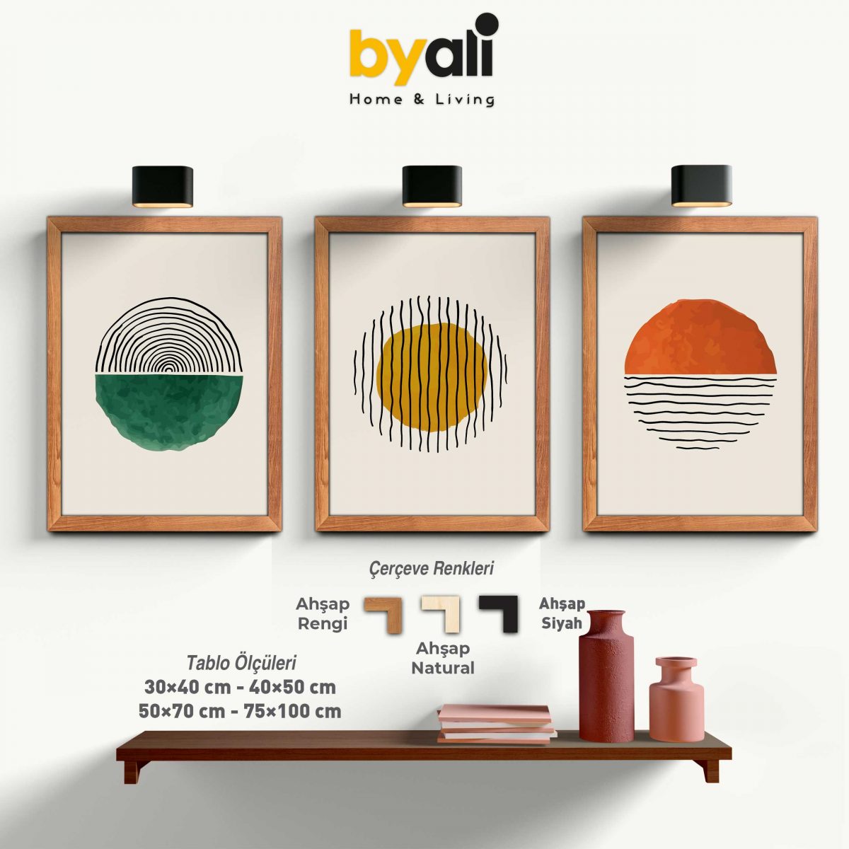 Mid-Century Modern Ahşap Çerçeveli 3’lü Tablo Seti - 3342---0